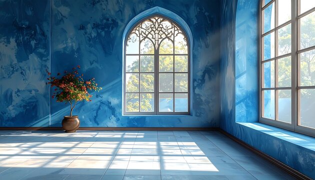 Sunlit Blue Room with Gothic Window and Floral Arrangement. - Powered by Adobe