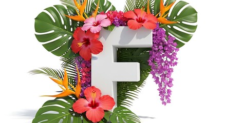 Vibrant tropical floral arrangement adorns a pristine white uppercase letter F, symbolizing summer elegance and exotic beauty in a captivating botanical design