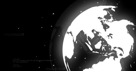 Stylized white globe rotating in abstract digital space, showing dotted pattern and code - Powered by Adobe