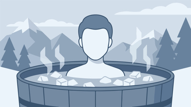 Person in cold plunge ice bath in winter snowy mountain landscape illustration
