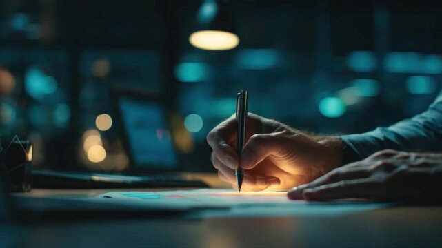 Night Writer's Serenity: In the soft glow of a dimly lit room, hands meticulously guide a pen across a sheet of paper. The focused action evokes a sense of concentration, expertise.