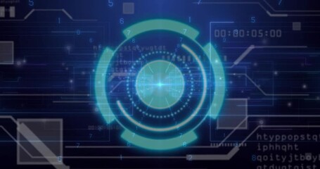 Circular GUI appearing on grid, rotating arcs, code stream, updating timer, looping countdown - Powered by Adobe