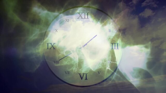 On load minute and hour hands sweeping as green clouds pulsing behind pyramid representing time