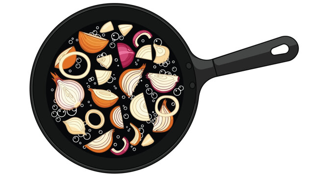 Colorful illustration of various onions, white, yellow, and red, chopped and sliced, simmering in a pan