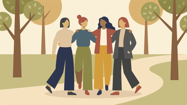 Four diverse women friends walking arm-in-arm through a park path