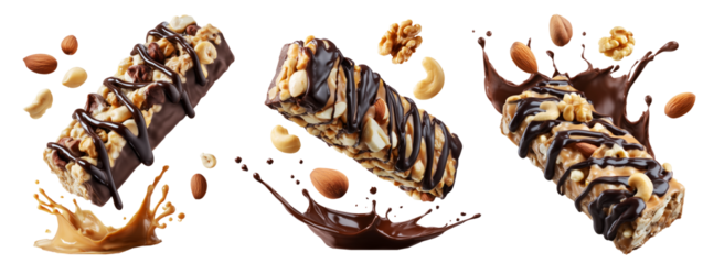 Chocolate coated nut protein energy fitness bar topped with almonds, cashews, walnuts, and chocolate drizzle on white