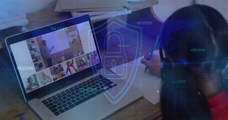 Child taking notes as teacher presenting lesson on laptop with shield icon codes securing education - Powered by Adobe