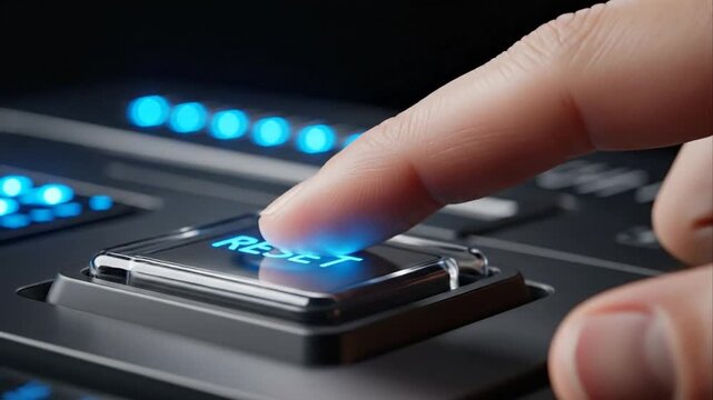 Finger pressing illuminated reset button on electronic device
