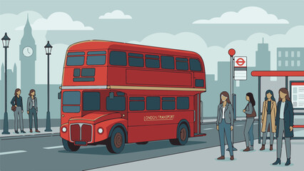 Classic red double-decker bus in London city scene with people © Tahphoto