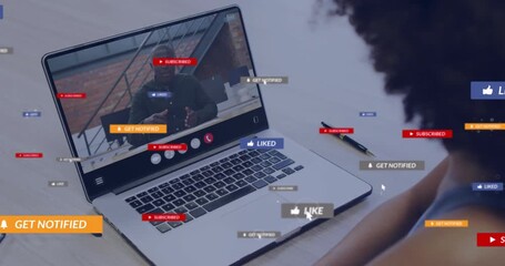 Woman starting laptop tech webinar showing presenter animating prompts, clicking like and subscribe