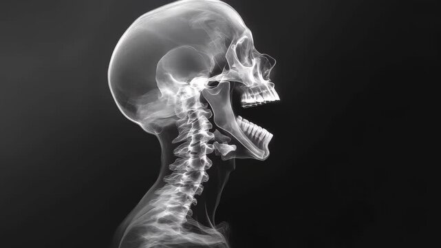 X-ray imaging of human skull and cervical spine highlighting skeletal structure and alignment