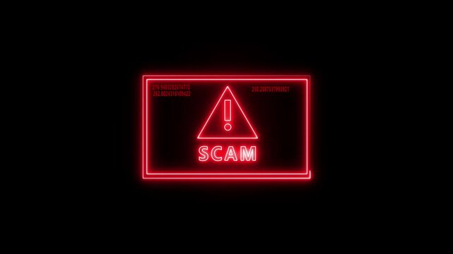 Neon Scam alert message. virus and Scam, System warning hacked Alert,risk of webside, Scam on online network, data breach, Fraud and Danger with Exclamation background...