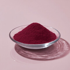 Beetroot powder on clear glass plate, clean minimal, reflections, commercial photography