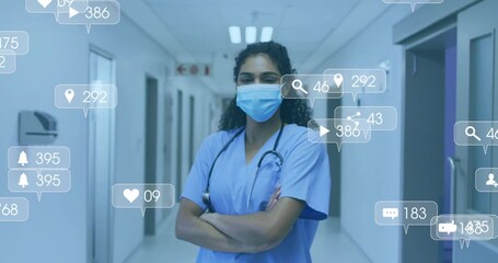 Nurse entering corridor performing scrubbing forearms surrounded by social icons peaking fading