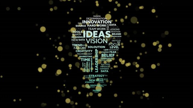 Gold bokeh appearing, word-cloud forming into light-bulb brightening, representing IDEAS and VISION