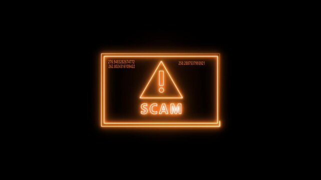 Neon Scam alert message. virus and Scam, System warning hacked Alert,risk of webside, Scam on online network, data breach, Fraud and Danger with Exclamation background...