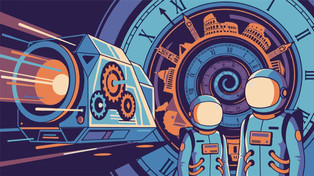 Astronauts Exploring Time and Space with Historic Landmarks Illustration