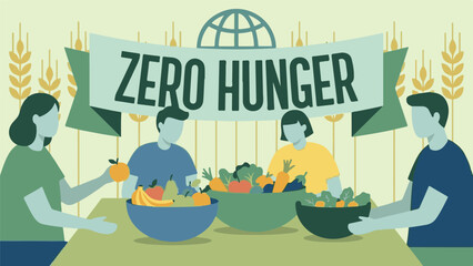 Naklejka premium Global Zero Hunger concept with people, fruits, and vegetables illustration