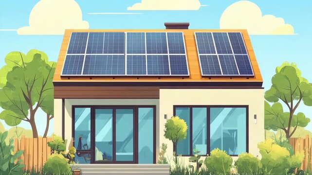 selective focus solar energy technology on residential rooftop in cartoon style
