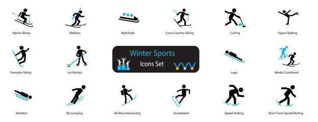 winter sports icons set. skiing, freestyle, ice hocky, skating, luge, ski jumping, snowboard
