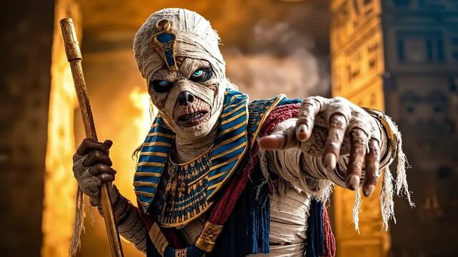 A man dressed as an egyptian pharaoh holding a staff in his hand