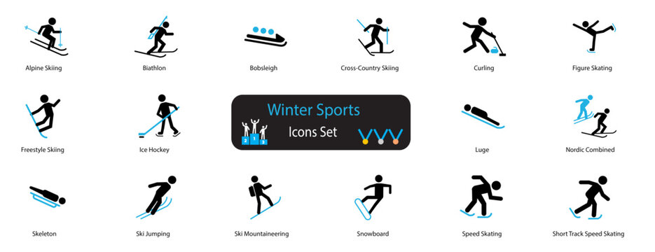 winter sports icons set. skiing, freestyle, ice hocky, skating, luge, ski jumping, snowboard