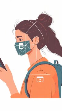 selective focus individual using face scan for payment in cartoon style