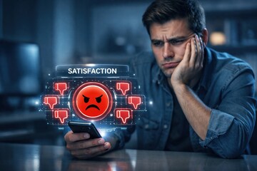 Man Facing Negative Satisfaction Feedback Displayed Holographically on His Smartphone