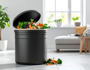 Black bin overflowing with fresh vegetables, modern interior scene