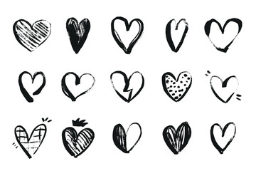 Grunge Nubes, Hand drawn Heart Icons. Scribble ink love symbols. Marker romantic doodle signs perfect for Valentines day cards, invitations, wedding, posters, web. Vector illustration