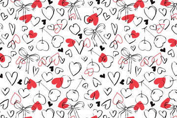 Grunge Nubes Pattern with Hand drawn Heart Icons. Scribble ink love symbols. Marker romantic doodle signs perfect for Valentines day cards, invitations, wedding, posters, web. Vector illustration