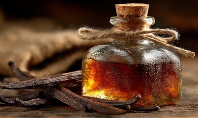 Artisanal Vanilla Extract Bottle with Fresh Vanilla Beans