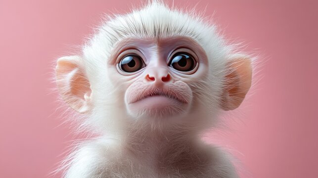 Portrait of a white cute baby monkey with surprised expression on a pink background
