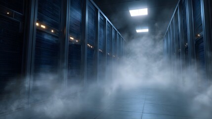 Dimly lit server room aisle shrouded in mist with rows of futuristic technology racks disappearing into the haze