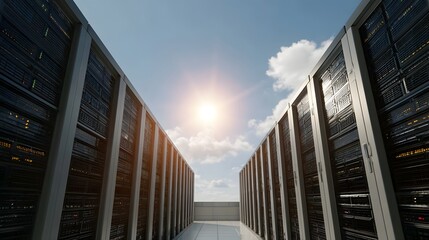Modern server racks are positioned outdoors beneath a bright sunlit sky representing cloud technology and digital infrastructure