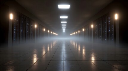 A long misty corridor within a futuristic data center lined with glowing server racks and illuminated by overhead lights