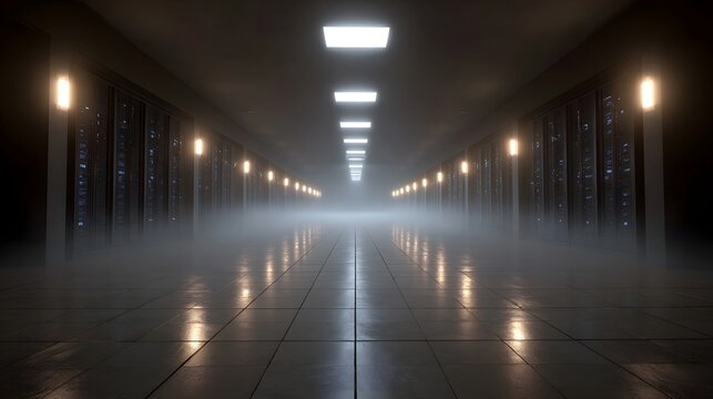 A long misty corridor within a futuristic data center lined with glowing server racks and illuminated by overhead lights - Powered by Adobe
