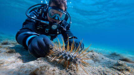 Sea cucumber harvesting diver underwater, aquaculture sustainability marine farming, visualization ocean floor concept, echinoderm collection representation, with copy space