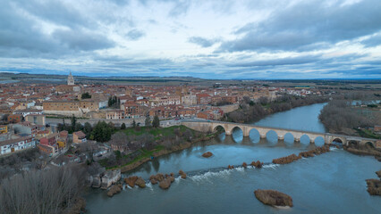 Aerial View of Medieval Bridge Over the Duero River in Tordesillas