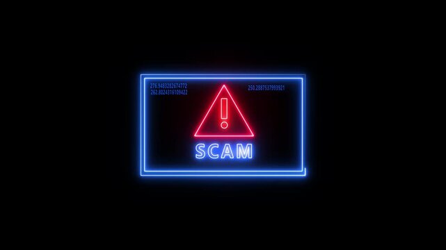 Neon Scam alert message. virus and Scam, System warning hacked Alert,risk of webside, Scam on online network, data breach, Fraud and Danger with Exclamation background...