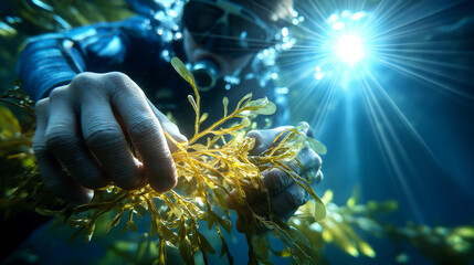 Diver harvesting seaweed underwater display, sunlight beams through water eco-sustainable, aquaculture concept marine farming, visualization ocean agriculture representation, with copy space