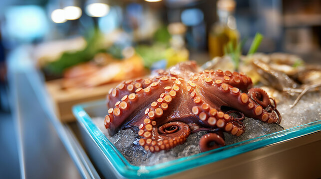 Fresh octopus on ice display, fish counter culinary raw product, cephalopod retail visualization, seafood market concept, with copy space