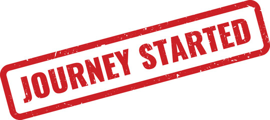 Red rectangular JOURNEY STARTED grunge textured rubber stamp on a clean professional surface
