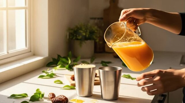 Fresh juice being poured into metal cups near a window