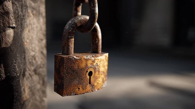 Close Up of Rusty Padlock Hanging on Chain Industrial Security Symbol