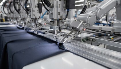 Closeup of smart factory sewing robots expertly handling side seams on garments highlighting the integration of robotics in apparel production lines.