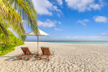 Sunny sky ocean view luxury beach resort scene with love chairs under umbrella palm trees sandy shore. Calm tropical summer vacation romantic travel background. Beautiful tourism inspire nature