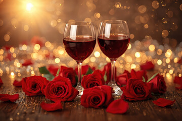Concept for Valentine's Day. Close-up of two glasses of red wine, chocolate candies, surrounded by red flowers and hearts on Valentine's Day.