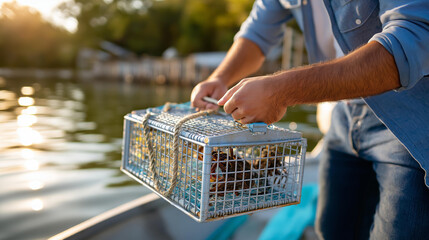 Person pulling crab trap display, water small boat lifestyle fisheries, crustacean harvest visualization, artisanal fishing concept, with copy space