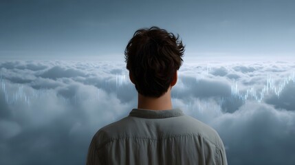 A man observes a digital financial market chart superimposed upon a vast expanse of overcast clouds symbolizing future trends